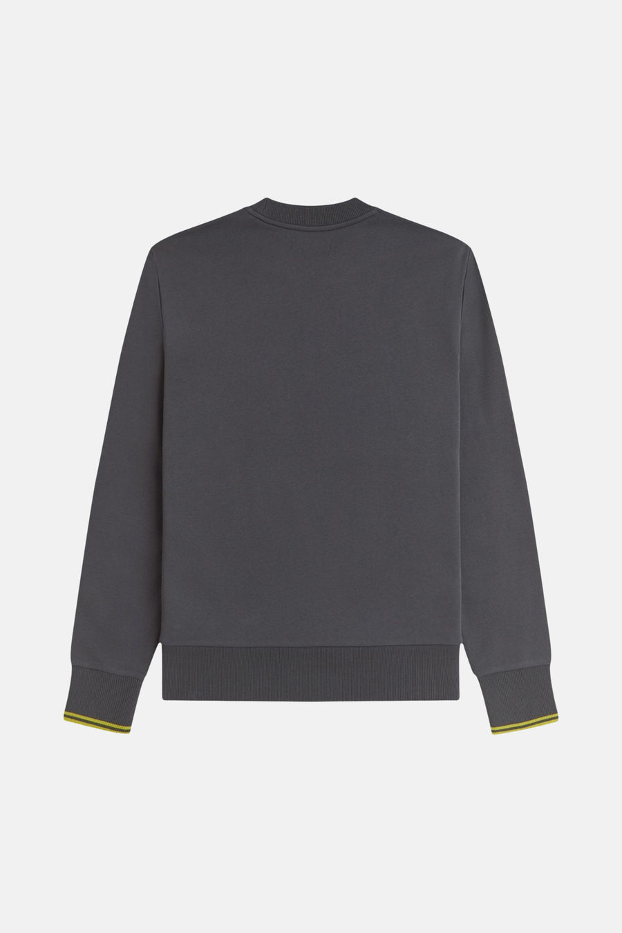 Sweat col rond gris de FRED PERRY, avec bordures côtelées et détails rayés jaunes aux poignets.