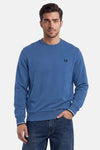 Blauwe rondehals sweatshirt van FRED PERRY met zwart laurierlogo en geribde manchetten met strepen.