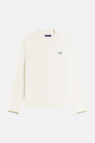 Ecru crewneck sweatshirt by Fred Perry with small embroidered laurel wreath and striped cuffs, front view