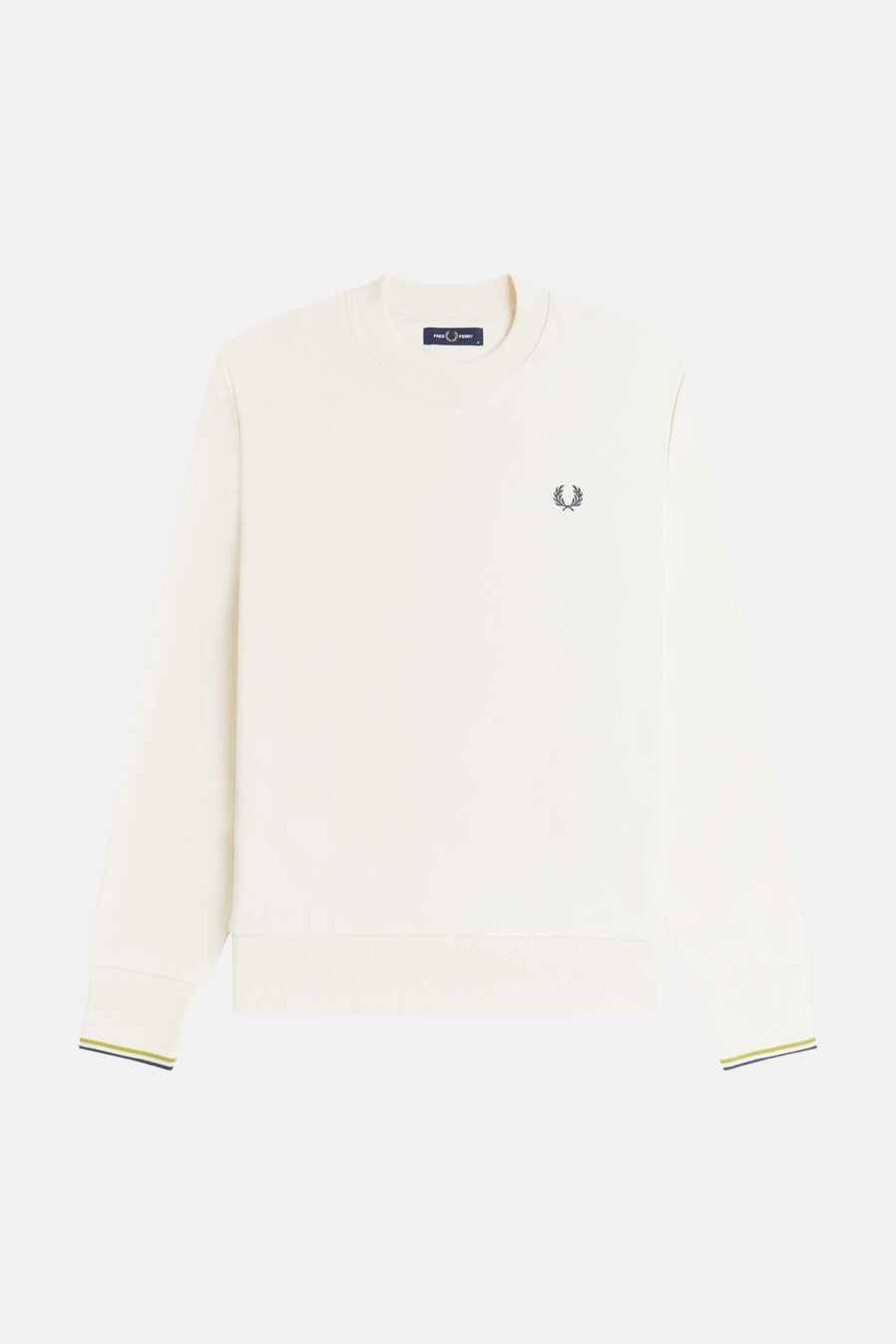 Ecru crewneck sweatshirt by Fred Perry with small embroidered laurel wreath and striped cuffs, front view