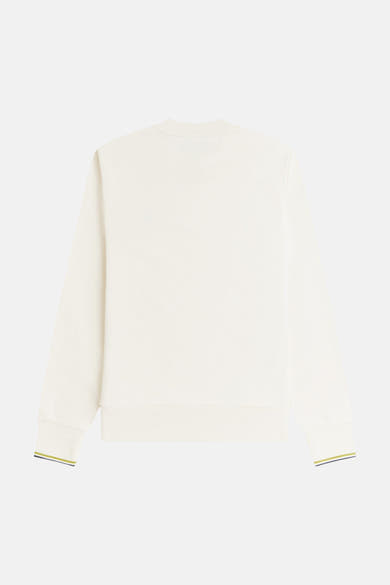 Ecru crewneck sweatshirt with ribbed cuffs and hem, featuring lime green and navy trim on sleeve ends, back view