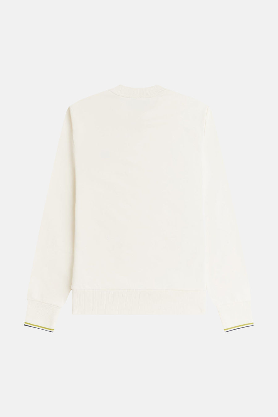 Ecru crewneck sweatshirt with ribbed cuffs and hem, featuring lime green and navy trim on sleeve ends, back view