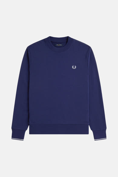 Blauwe sweatshirt met ronde hals van Fred Perry met wit lauriertaklogo en gestreepte manchetten.