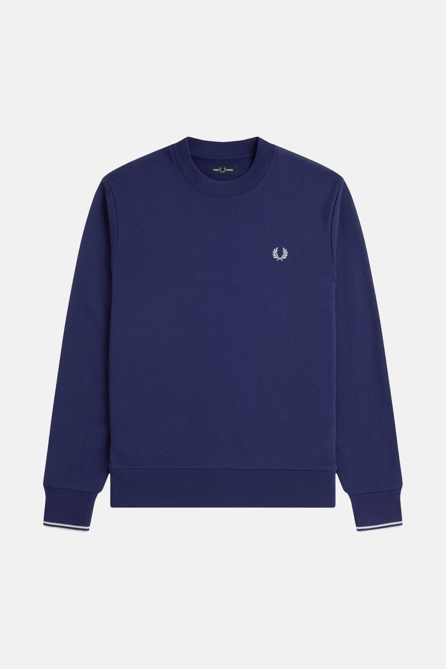 Blauwe sweatshirt met ronde hals van Fred Perry met wit lauriertaklogo en gestreepte manchetten.