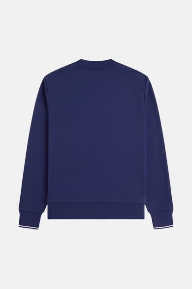 Marineblauwe sweater van FRED PERRY met ronde hals, geribbelde manchetten met dubbele witte strepen, achterzijde.