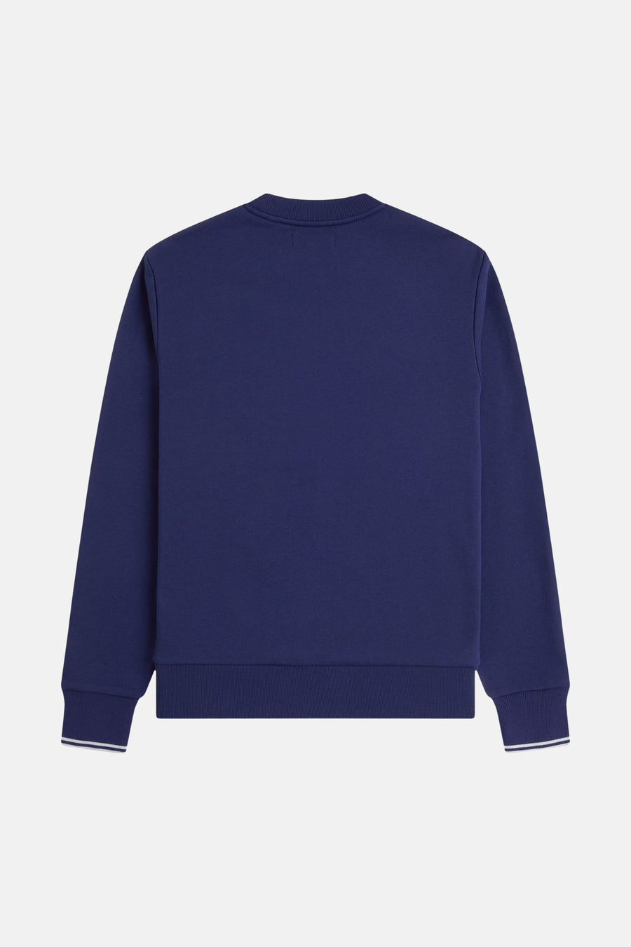 Marineblauwe sweater van FRED PERRY met ronde hals, geribbelde manchetten met dubbele witte strepen, achterzijde.