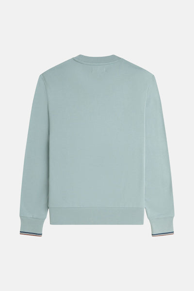 Sweat-shirt bleu de FRED PERRY, coupe classique, finitions côtelées aux poignets et à la base, vue arrière.
