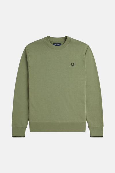 Sweat-shirt olive de Fred Perry, avec logo brodé ton sur ton sur la poitrine.