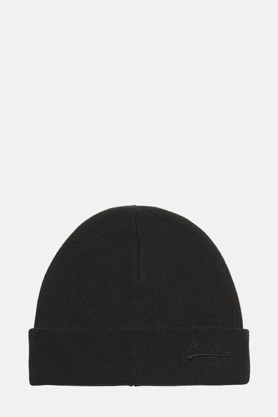 Bonnet noir tricoté de Superdry, avec logo ton sur ton brodé sur le devant.
