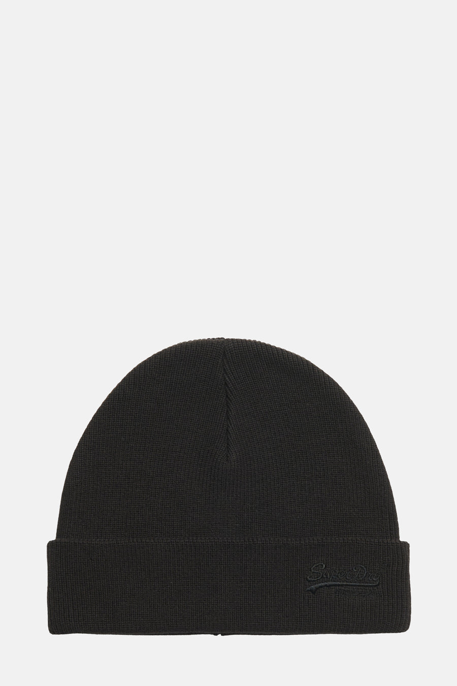 Bonnet noir tricoté de Superdry, avec logo ton sur ton brodé sur le devant.
