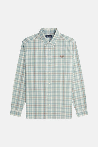 Blauw-wit geruit overhemd van Fred Perry, met geborduurd logo op de borst.