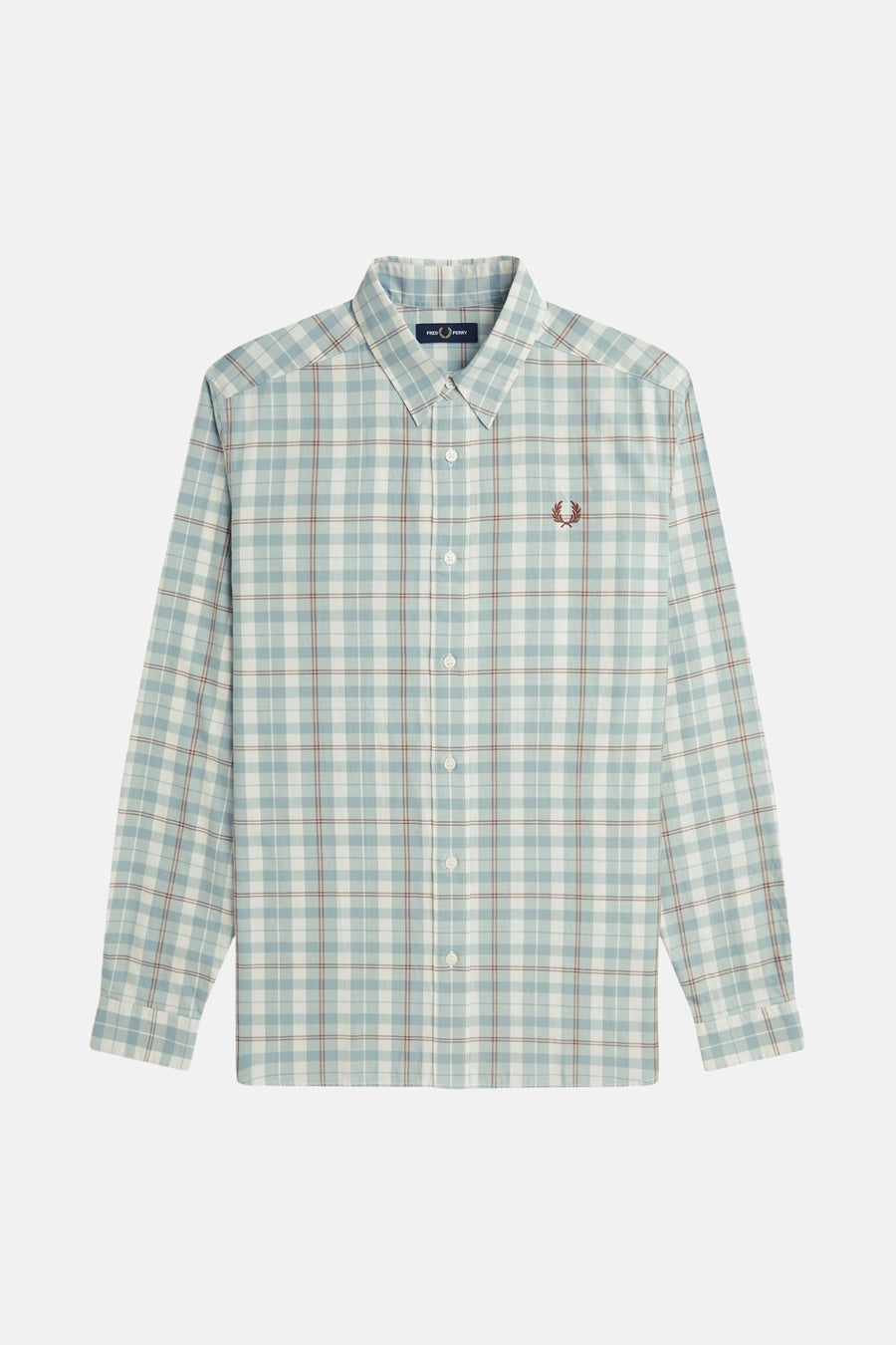 Blauw-wit geruit overhemd van Fred Perry, met geborduurd logo op de borst.