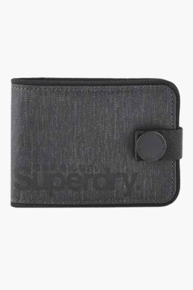 Portefeuille noir de SUPERDRY avec fermeture à bouton-pression et logo discret.