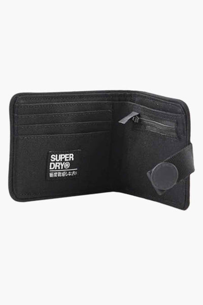 Portefeuille noir de SUPERDRY, avec compartiments pour cartes et fermeture à bouton pression.