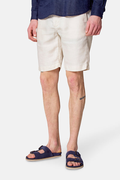 Short beige de Le Fabuleux Marcel de Bruxelles, porté avec une chemise bleue et des sandales en daim bleues.