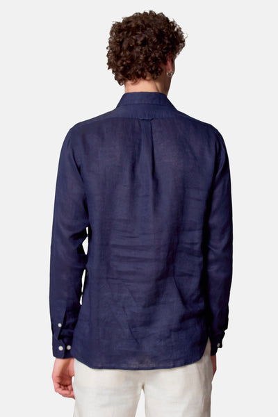 Blauwe lange mouw chemise van Le Fabuleux Marcel van Brussel, rugwe, in lin.
