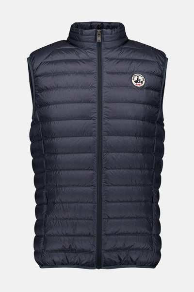 Veste sans manches bleue par JOTT, avec fermeture éclair sur fond uni.