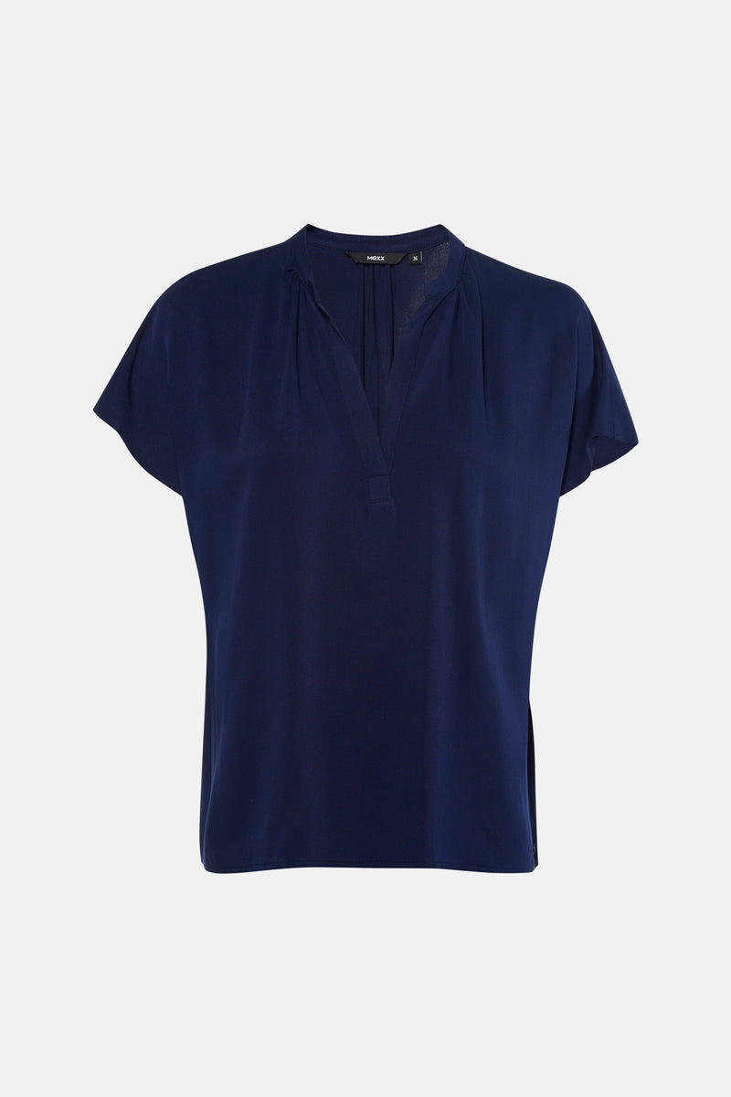 Blouse bleu marine à manches courtes de MEXX, avec un col en V et une texture subtile.