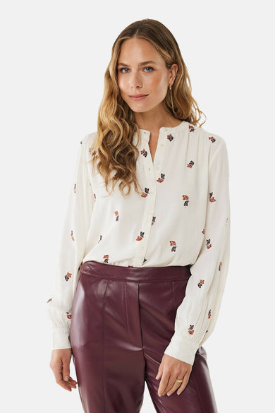 Ecru lange mouwen blouse van MEXX, met bordeauxrode en oranje bladmotieven.