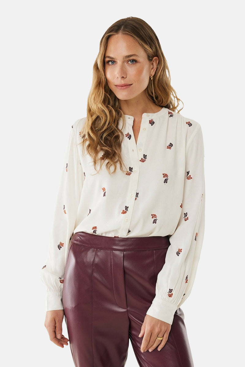 Ecru lange mouwen blouse van MEXX, met bordeauxrode en oranje bladmotieven.