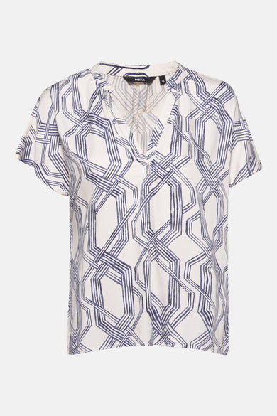 Ecru blouse met korte mouwen van MEXX, met blauw geometrisch patroon.