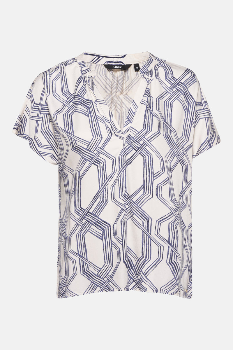 Ecru blouse met korte mouwen van MEXX, met blauw geometrisch patroon.