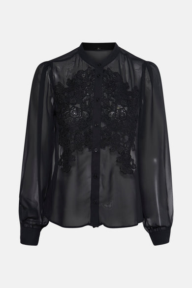 Zwarte blouse met lange mouwen van MEXX, met een doorschijnende textuur en knoopmanchetten, achterzijde.