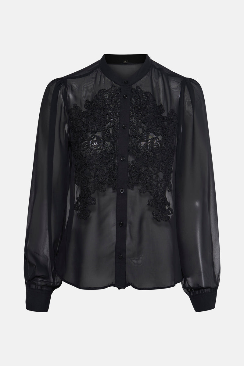 Zwarte blouse met lange mouwen van MEXX, met een doorschijnende textuur en knoopmanchetten, achterzijde.