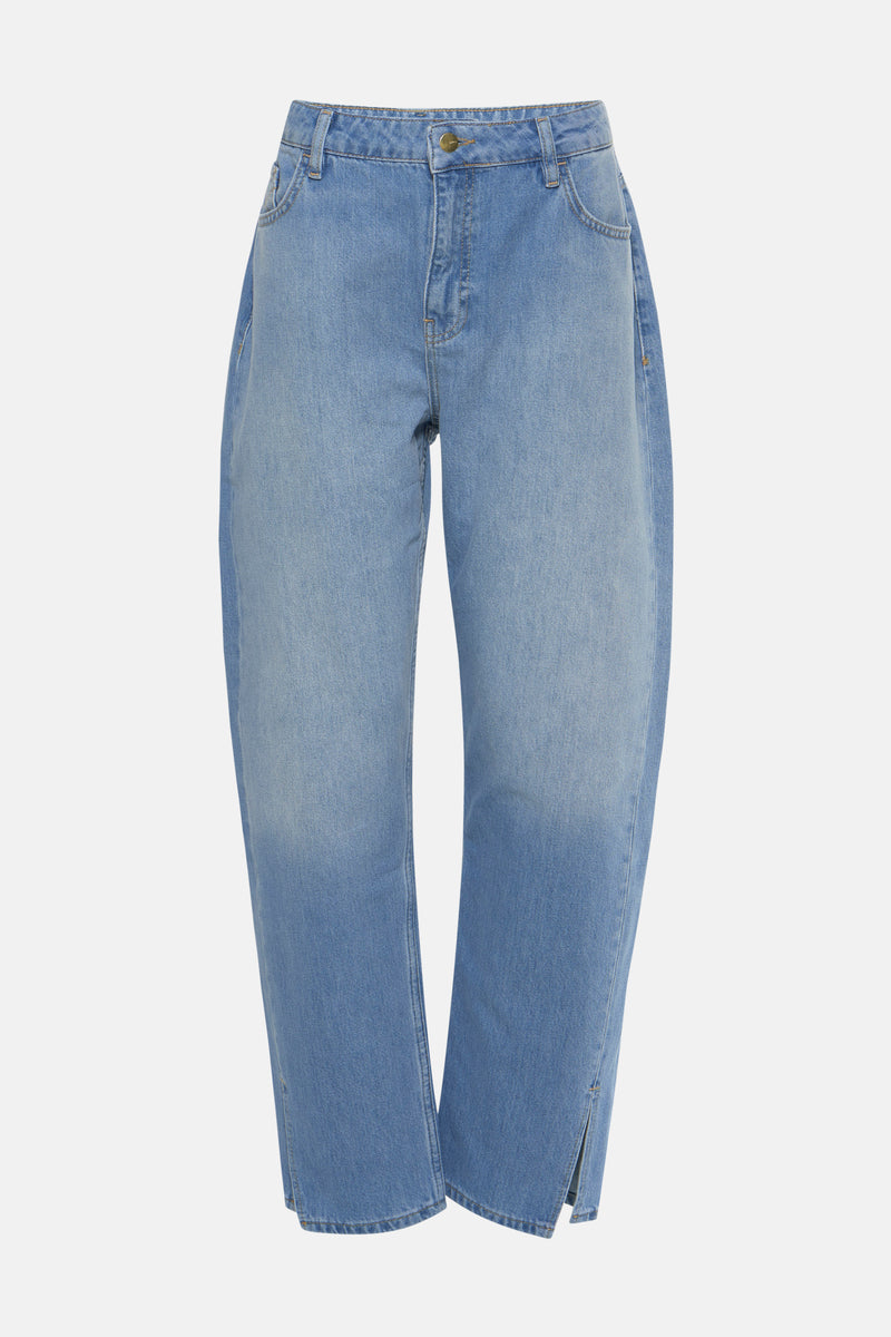 Rechte mom jeans van MEXX in middinblauw denim met splitzomen.