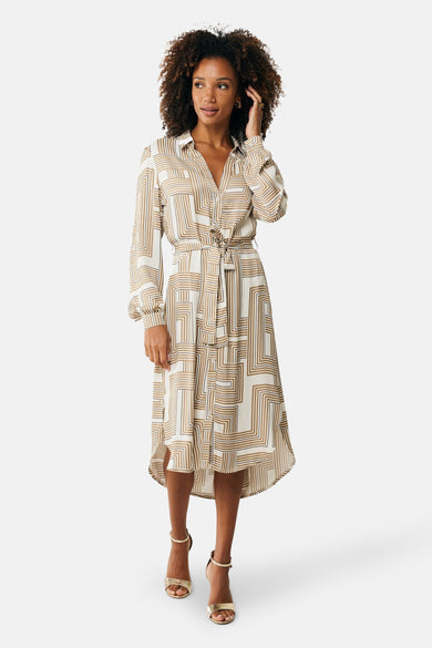 Beige lange mouwen jurk van MEXX, met bruine en zwarte geometrische patronen, met strikceintuur.