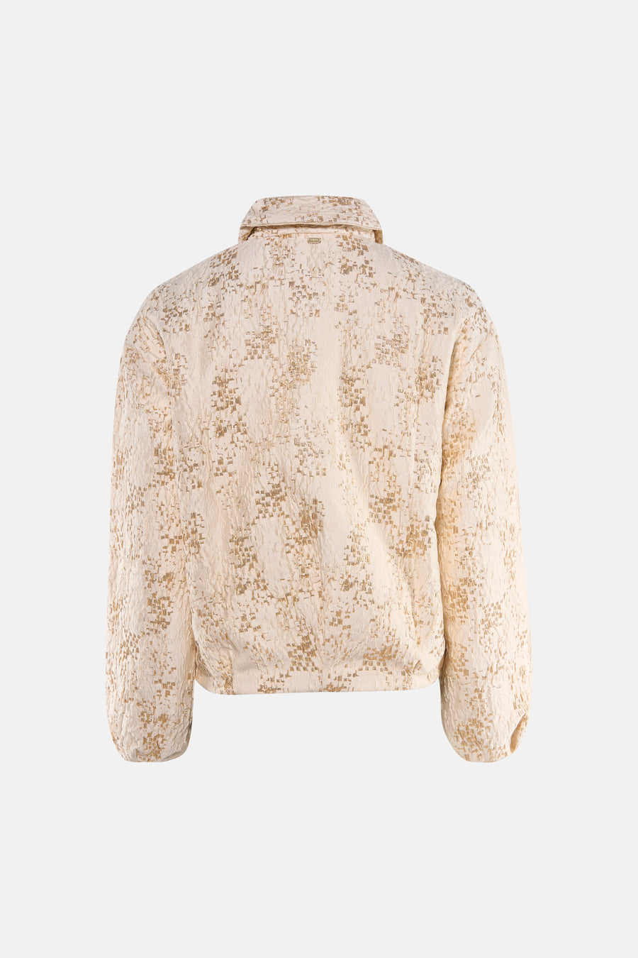 Veste courte beige de MEXX, avec motif texturé géométrique doré sur l'ensemble, col classique et manches longues.
