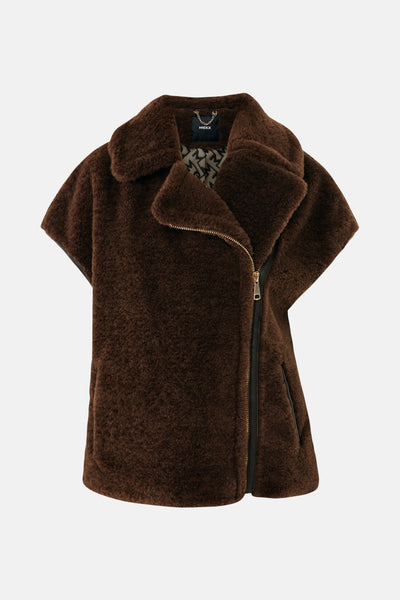 Bruin mouwloos vest van MEXX, asymmetrische gouden ritssluiting en gevoerd met patroon.