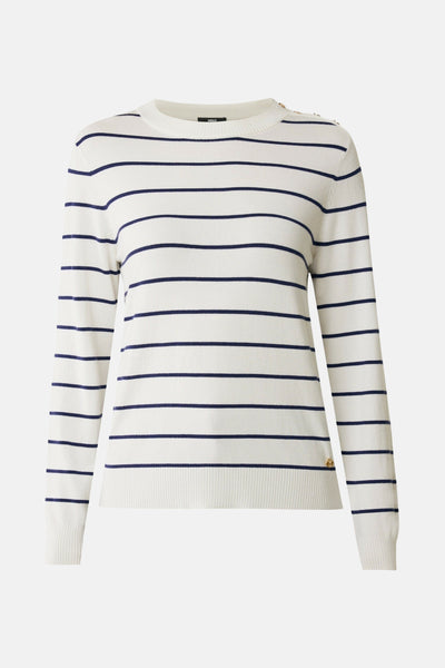Pull à col rond écru de MEXX, à rayures bleu marine horizontales et boutons décoratifs aux épaules.