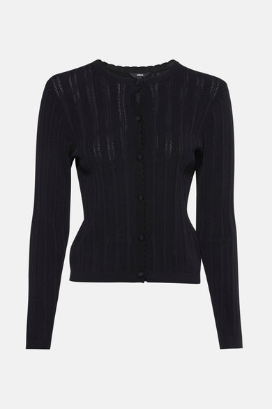 Cardigan noir en maille ajourée de MEXX, avec fermeture boutonnée sur le devant.