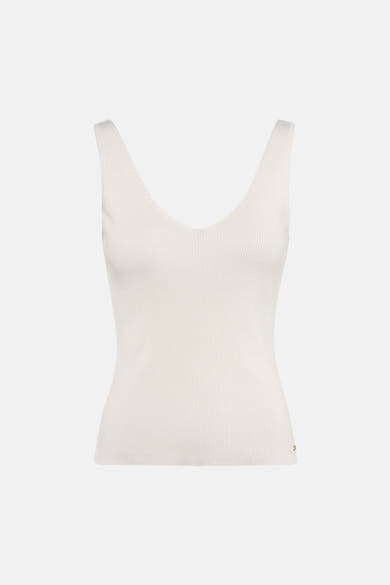 Witte MEXX tanktop met V-hals, geribbelde textuur, aansluitende pasvorm en gouden detail aan de zoom.