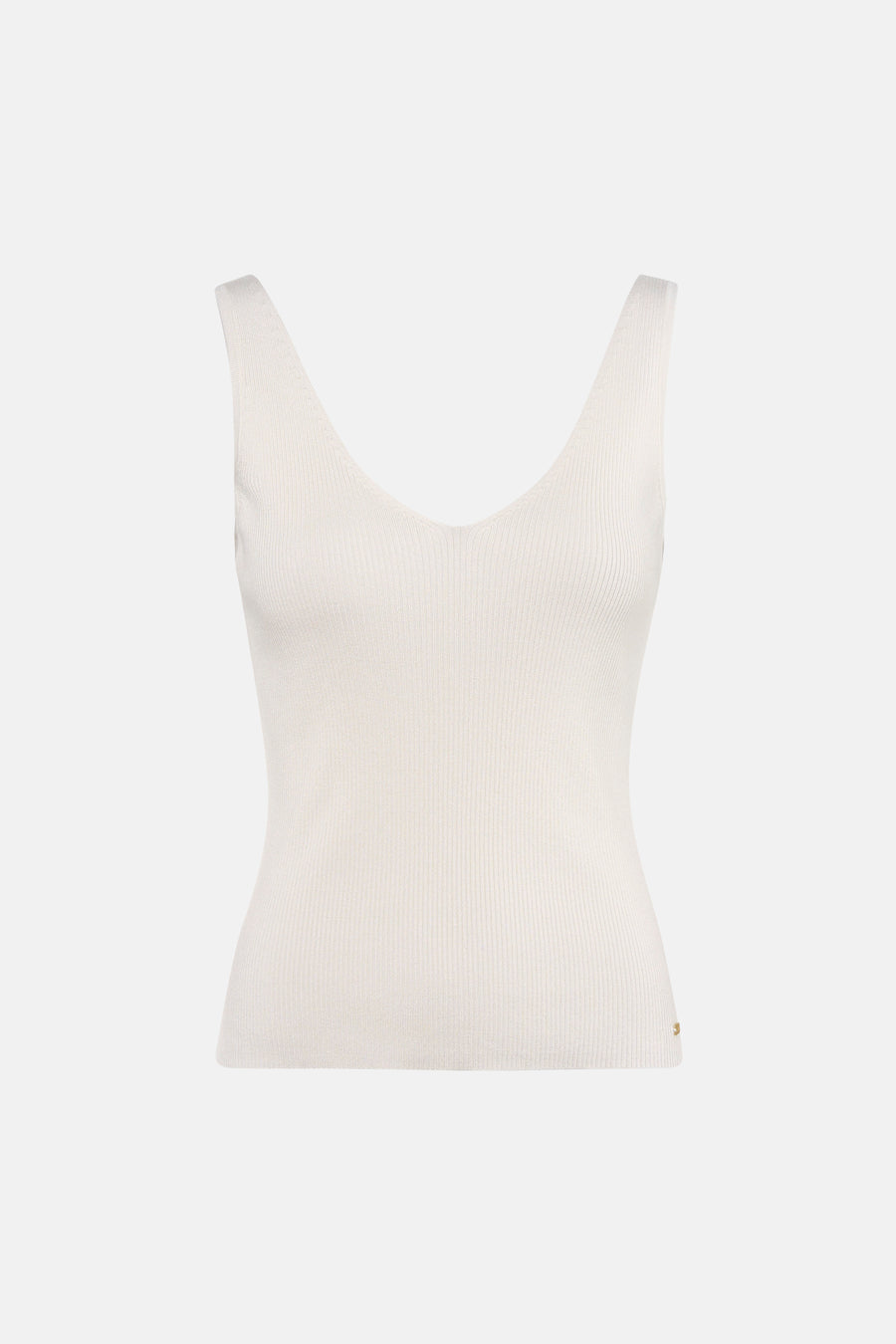 Witte MEXX tanktop met V-hals, geribbelde textuur, aansluitende pasvorm en gouden detail aan de zoom.