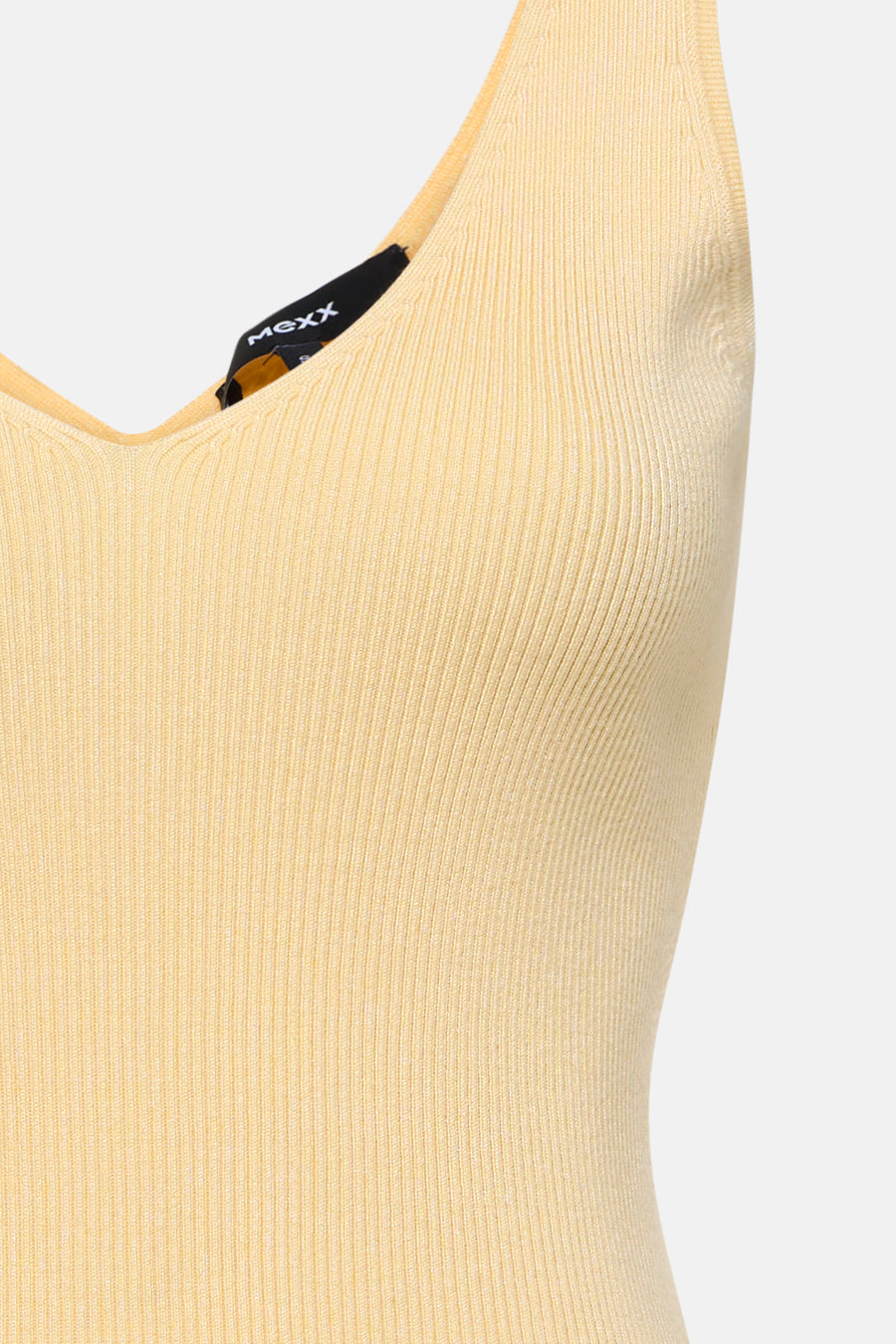 Débardeur jaune en maille côtelée de MEXX, avec une étiquette de marque visible au niveau de l'encolure.
