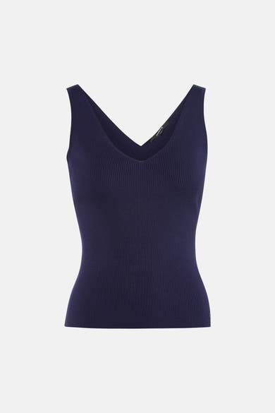 Débardeur bleu marine en maille côtelée de MEXX, avec col en V plongeant et étiquette de marque.