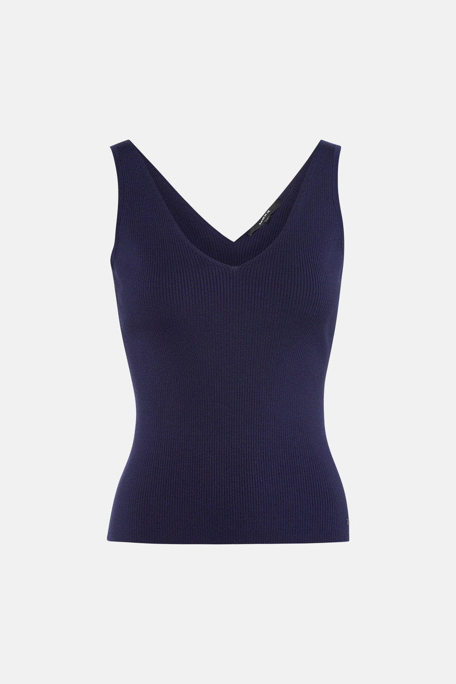 Débardeur bleu marine en maille côtelée de MEXX, avec col en V plongeant et étiquette de marque.