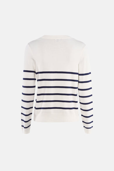 Pull multicolore by MEXX avec rayures horizontales bleu marine et fond blanc, vue de dos.
