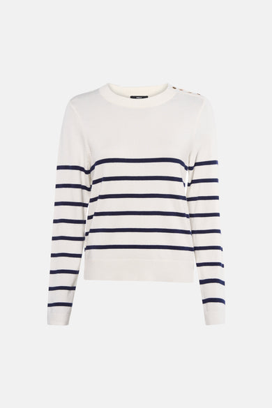 Pull rayé en tricot multicolore de MEXX, avec des boutons décoratifs sur les épaules.
