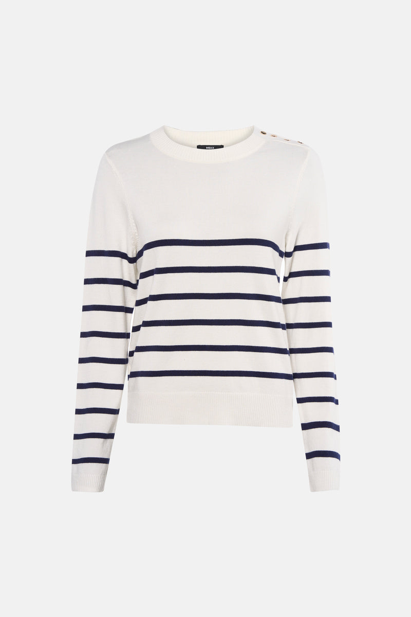 Pull rayé en tricot multicolore de MEXX, avec des boutons décoratifs sur les épaules.
