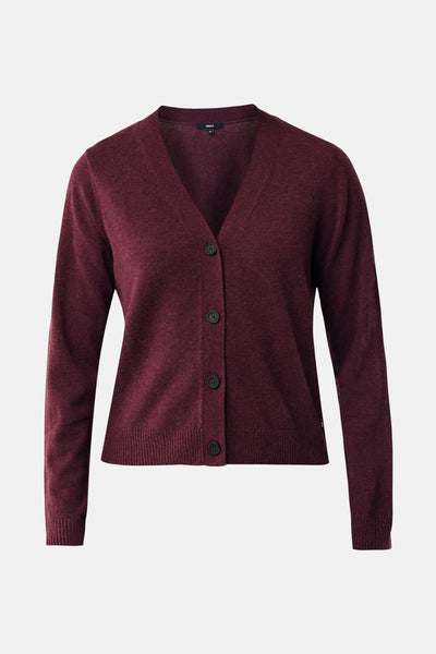 Cardigan bordeaux en maille par MEXX, avec une encolure en V et une fermeture boutonnée sur le devant.