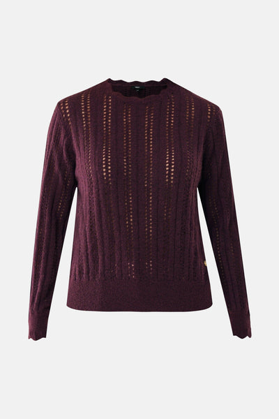 Pull bordeaux à col rond de MEXX avec motif ajouré vertical et ourlet festonné.