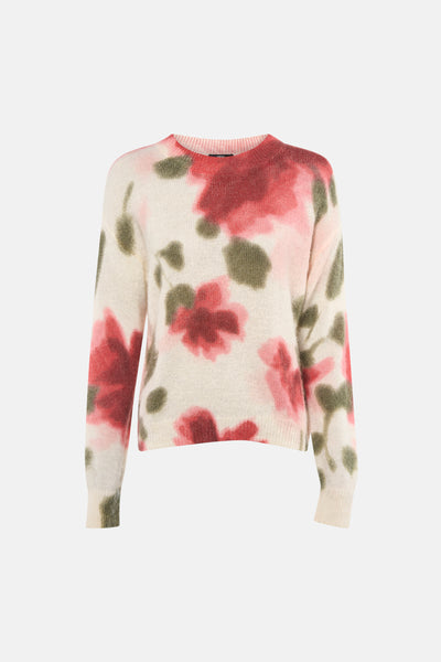 MEXX meerkleurige pull met ronde hals, abstract bloemenpatroon in rood, roze en olijfgroen en een zachte textuur.