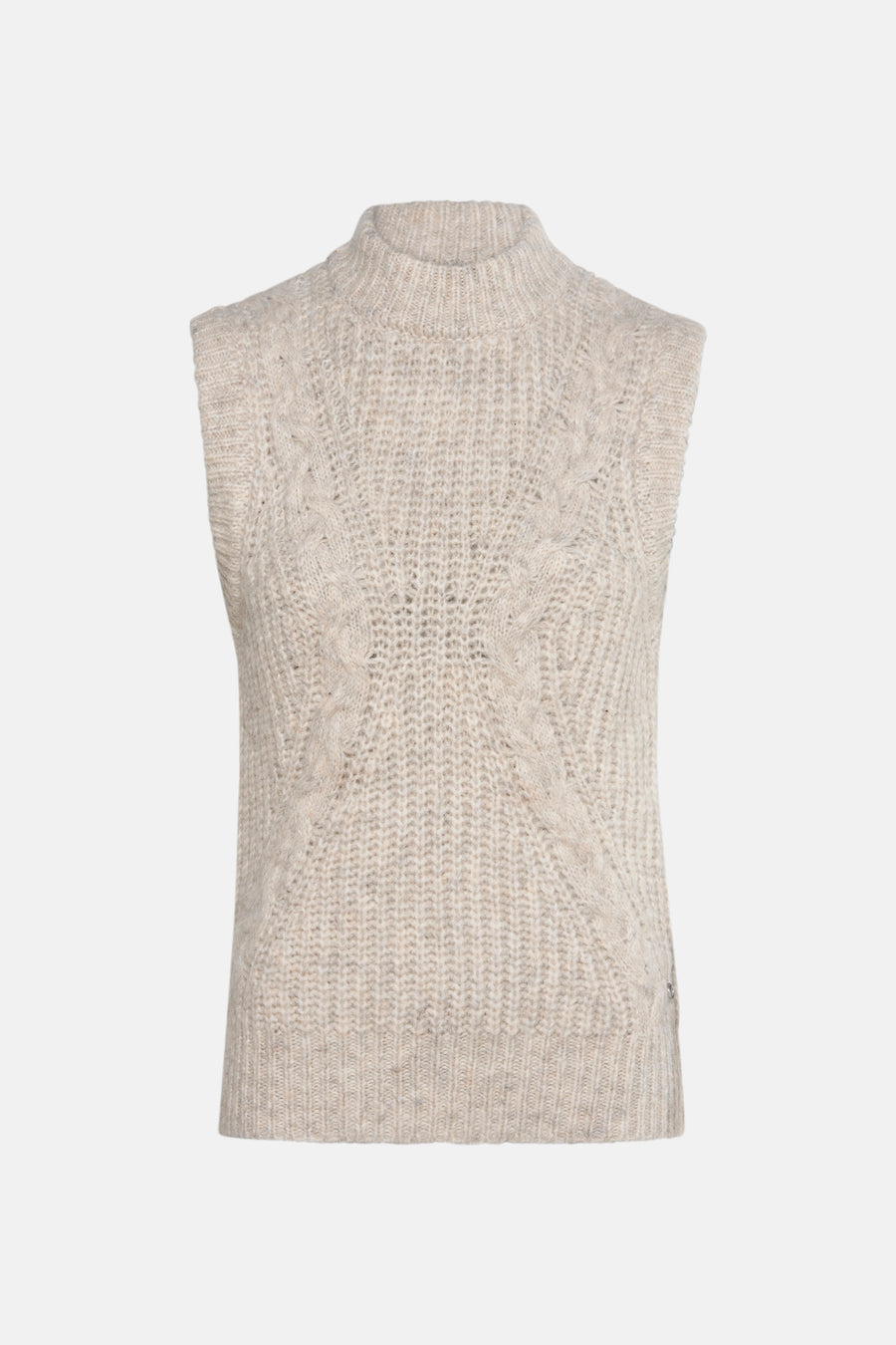 Beige gebreid mouwloos topje van MEXX, met een opstaande kraag en een kabelpatroon.