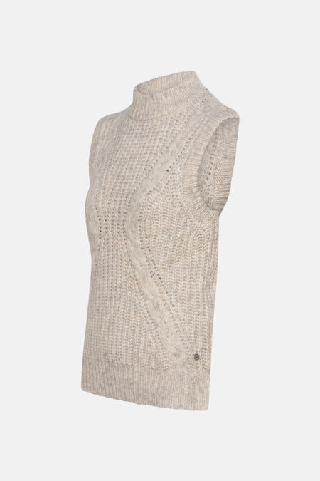 Beige mouwloos top van MEXX in kabelsteek, met een opstaande kraag en zichtbare gebreide textuur.