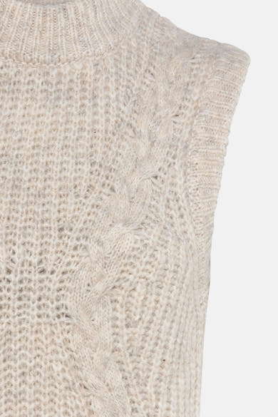 Beige mouwloos vest van MEXX met kabelsteek, opstaande kraag en geribde boorden op een neutrale achtergrond.