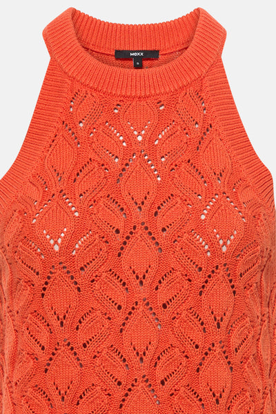 Top sans manches orange de MEXX, avec motif ajouré en maille tricotée.
