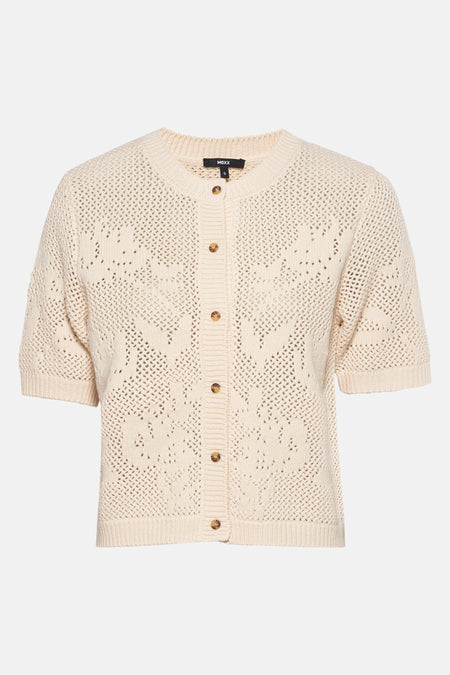 Ecru vest met ajour breisel van MEXX, korte mouwen, zichtbare gebreide textuur, achterzicht.